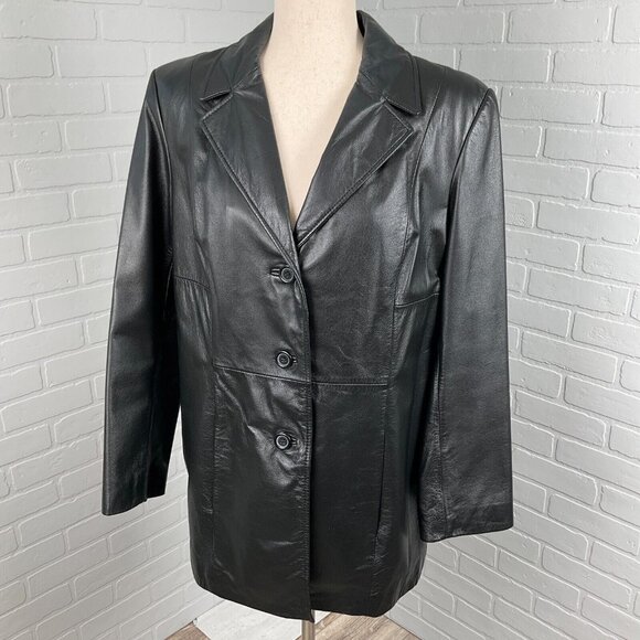 Preston & York Jacket Women Medium Petite Black Leather Y2K Classic‎ Coat VTG - Picture 1 of 14